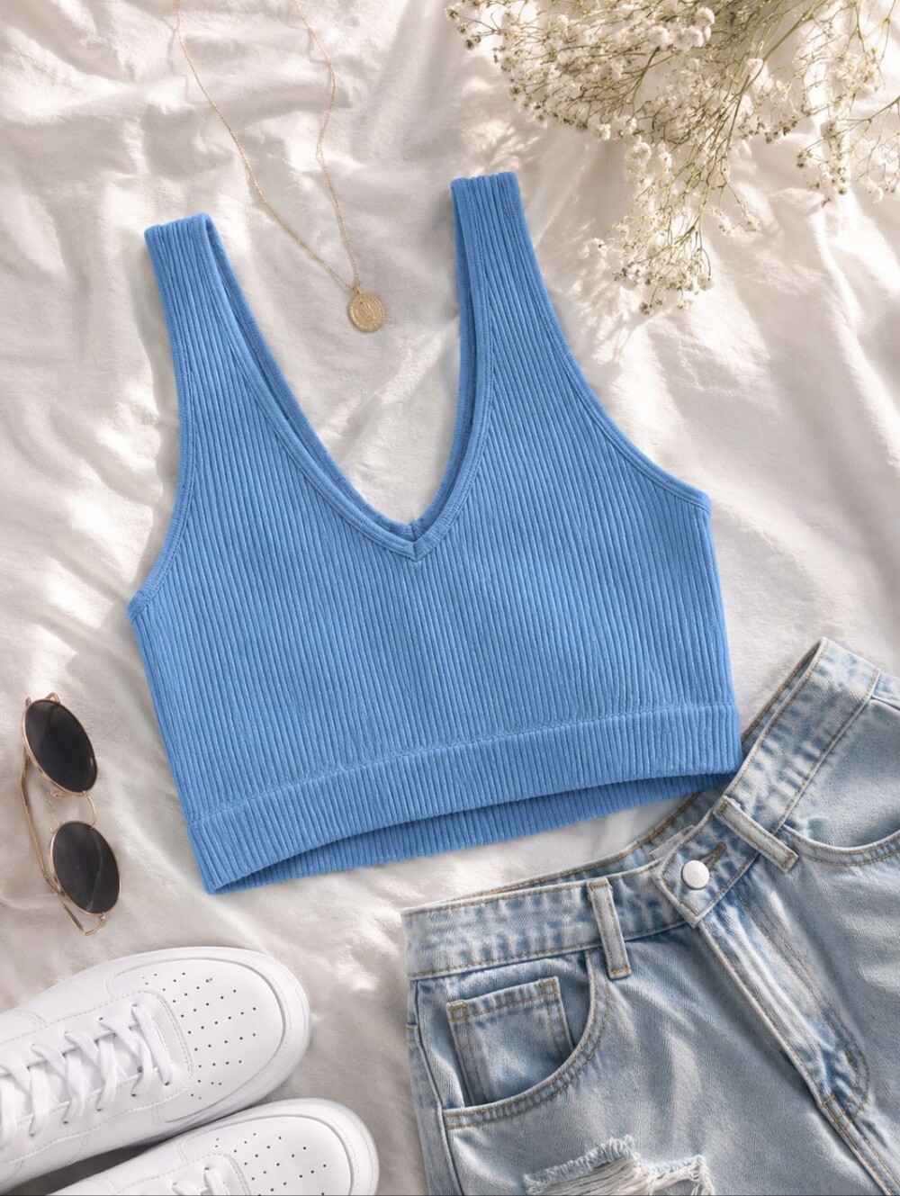 Aerie Blue Ribbed Seamless Crop Tank Bralette Size Medium
